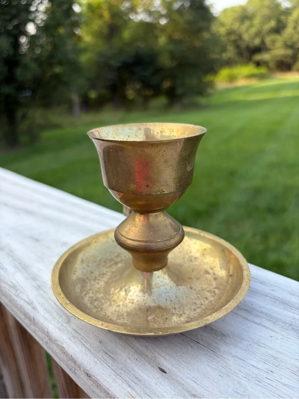 Vintage 1980s Brass Candle Holder with Thumb Rest, Finger Loop Handle & Drip Pan